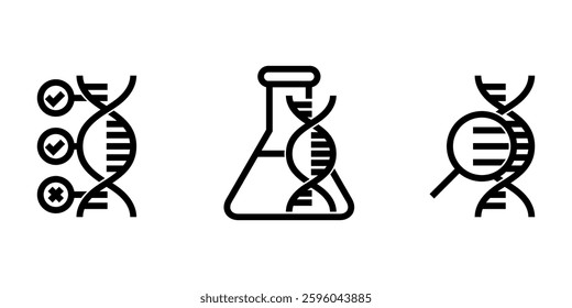 Genetics icons set - research methods, pharmacogenetics, DNA sequencing and genomics technologies. Pictograms collection in bold line