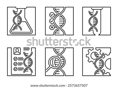 Genetics icons set - research methods, pharmacogenetics, DNA sequencing and genomics technologies. Pictograms collection in thin line and square shape