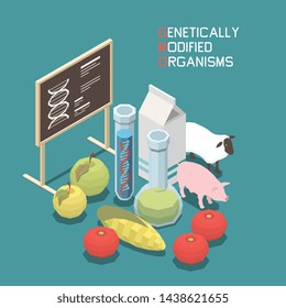 Genetics isometric concept with genetically modified food and animals 3d vector illustration