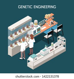 Genetics isometric concept with scientists and laboratory with equipment for genetic engineering 3d vector illustration