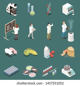 Genetics isometric icons set with scientists equipment food and animals 3d isolated vector illustration