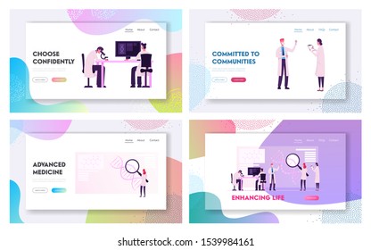 Genetics Laboratory Website Landing Page Set. Scientists Working with Dna Molecule Using Hi-tech Equipment for Scientific Research and Investigation Web Page Banner. Cartoon Flat Vector Illustration