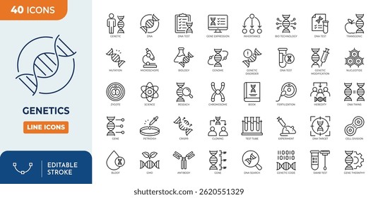 Genetics line editable icon set. Containing genetic, DNA, gene, chromosomes, heredity, genome, biology, GMO and more. Vector illustration