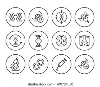 genetics line icons on white, dna chain, genetic research