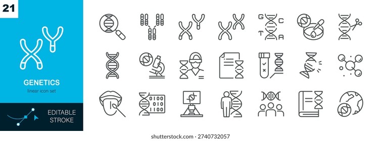 Genetics Linear Icon Set with DNA, Genes, Genome, Chromosomes, Heredity, Inheritance, Genotype, Phenotype, Family Ancestry, Research, Editable Outline Vector