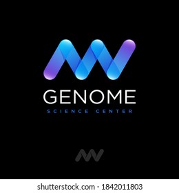 Genetics logo. DNA spiral  logo consist of glossy elements isolated on a dark background. Monochrome option.