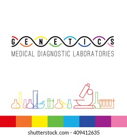 Genetics Logo Of Medical Clinic Diagnostic Laboratories. Colorful Vector DNA, Bulb, Test Tubes And Microscope.