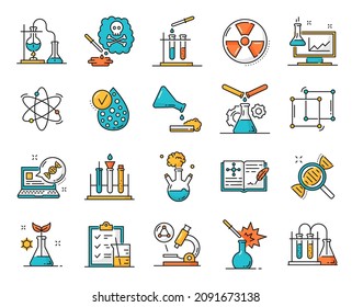 Genetics, medicine and physics, chemistry, biology line icons. Science laboratory test, genetics research outline vector icons with flasks, DNA helix and microscope, chemical reagents, research diary