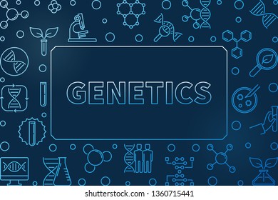 Genetics outline blue concept horizontal vector illustration or frame on dark background