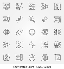 Genetics outline icons set. Vector Genetic Engineering and DNA concept symbols in thin line style