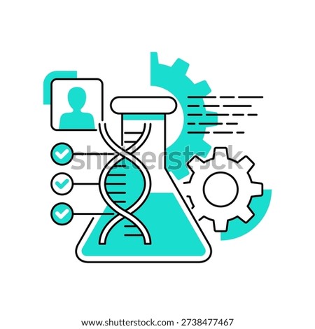 Genetics research emblem, pharmacogenetics, DNA sequencing and genomics technologies. Pictograms collection in thin line and blue color