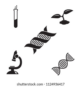 Genetics research vector icon set, DNA molecule, plant, microscope and test tube icons