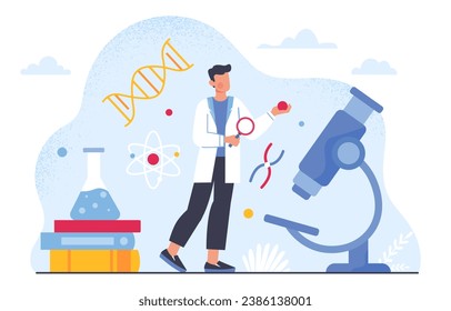 Concepto de investigación genética. Hombre con uniforme médico cerca del microscopio con estructura de ADN. Los científicos realizan investigaciones y experimentos en laboratorio. Dibujo vectorial plano de dibujos animados