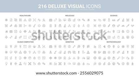 Genetics science and biotechnology, mutation and heredity research line icon set. Medical equipment for health check, AI and cloud computing settings thin black outline symbols vector illustration