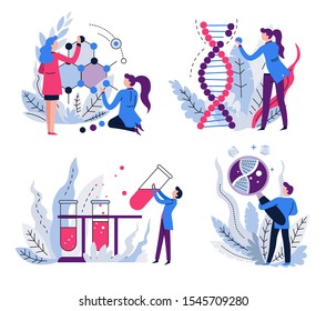 Genetics science, DNA structure and biology, scientists and scientific equipment isolated icons vector. Flask and molecule, chemical reagents. Mutation and genetic engineering, chemical laboratory