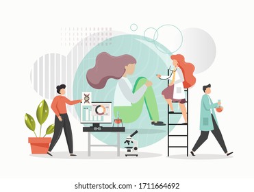 Genética, ingeniería genética, biotecnología farmacéutica, ilustración plana vectorial. Científicos trabajando en biología, laboratorio genético. Investigación científica, educación, análisis de sangre de ADN genético.