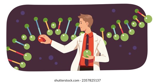 Genetics scientist person doing DNA editing research. Researcher doctor man exploring gene. Genetic medicine, medical biology, DNA molecule, genome biotechnology concept poster vector illustration