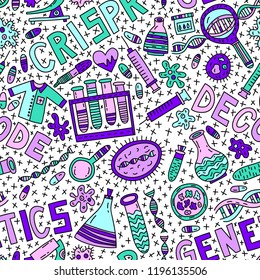 Genetics seamless pattern with lettering and doodles