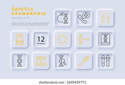 Genetics set icon. Dna bottle, nutrition, test tubes, virus, analysis, research, structure, thermometer, scan, experiment, medicine