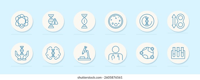 Genetics set icon. Molecule, dna, mutation, cell, chromosome, science, research, brain, microscope, doctor, virus, test tube, illustrating biology, medicine, evolution