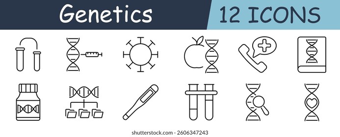 Genetics set icon. Tube, sequence, syringe, virus, apple, contact, medicine, container, database, thermometer, search, analysis