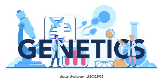 Typografischer Genetikkopf. Medizin und Wissenschaftstechnologie. Wissenschaftler arbeiten mit der Molekülstruktur zusammen. Analyse und Innovation. Vektorgrafik im Cartographie-Stil