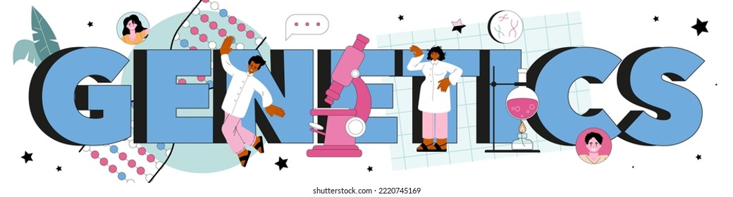 Genetics typographic header. Medicine and science technology. Scientist work with DNA molecule structure. Genetic test or screening for disease prevention. Flat vector illustration