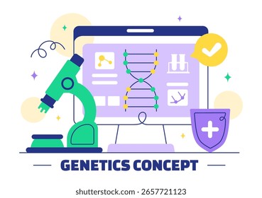 Genetics Vector Illustration featuring Science with DNA Molecule Structure, Research, and Experiment Scientists in a Technological Flat Background