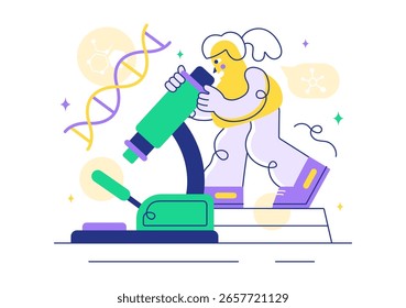 Genetics Vector Illustration featuring Science with DNA Molecule Structure, Research, and Experiment Scientists in a Technological Flat Background