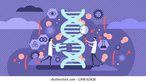 Genetics vector illustration. Flat tiny DNA biology structure research persons concept. Microbiology technology and scientific genome experiment. Clone life symbol and organic spiral chain code model.