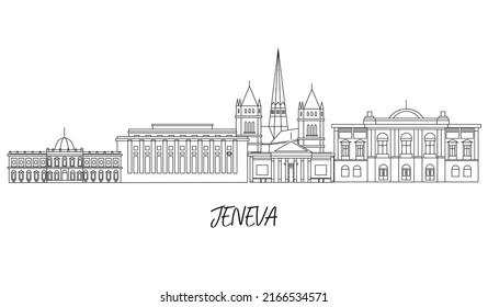 Geneva attractions. Cultural and famous buildings in switzerland. Sightseeing. Line art Geneva. Vector