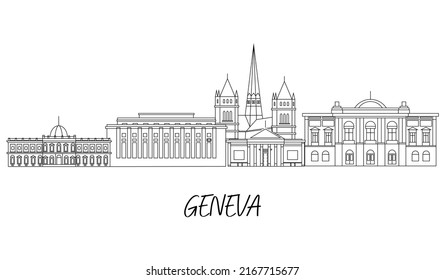 Geneva attractions. Cultural and famous buildings in switzerland. Sightseeing. Line art Geneva. Vector