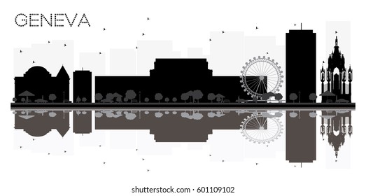 Geneva City skyline black and white silhouette with reflections. Vector illustration. Simple flat concept for tourism presentation, banner, placard or web site. Cityscape with landmarks.