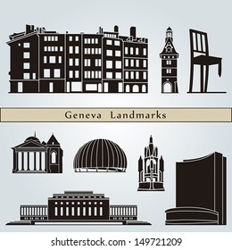 Geneva landmarks and monuments isolated on blue background in editable vector file