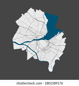 Genfer Karte. Detaillierte Vektorgrafik des Stadtverwaltungsgebiets Genf. Poster mit Straßen und Wasser auf grauem Hintergrund.