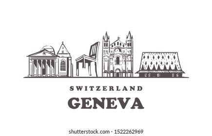 Geneva sketch skyline. Geneva, Switzerland hand drawn vector illustration. Isolated on white background. 