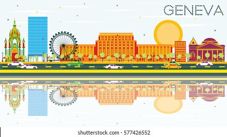 Geneva Skyline with Color Buildings, Blue Sky and Reflections. Vector Illustration. Business Travel and Tourism Concept. Image for Presentation Banner Placard and Web Site.