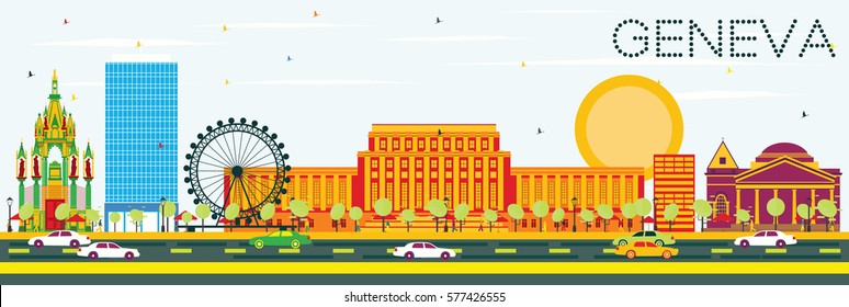 Geneva Skyline with Color Buildings and Blue Sky. Vector Illustration. Business Travel and Tourism Concept. Image for Presentation Banner Placard and Web Site.