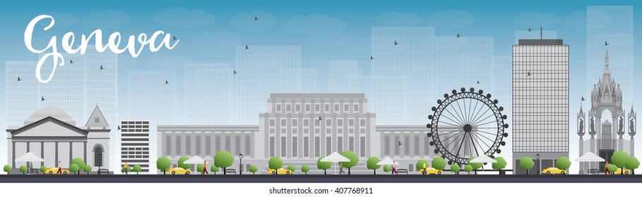 Geneva skyline with gray landmarks and blue sky. Vector illustration. Business travel and tourism concept with historic buildings. Image for presentation, banner, placard and web site. 