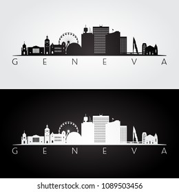 Geneva skyline and landmarks silhouette, black and white design, vector illustration.