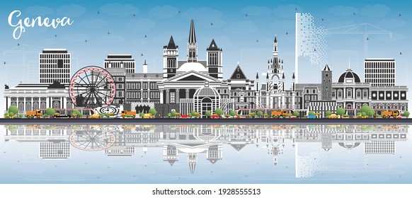 Geneva Switzerland City Skyline with Color Buildings, Blue Sky and Reflections. Vector Illustration. Geneva Cityscape with Landmarks. Business Travel and Tourism Concept with Historic Architecture.