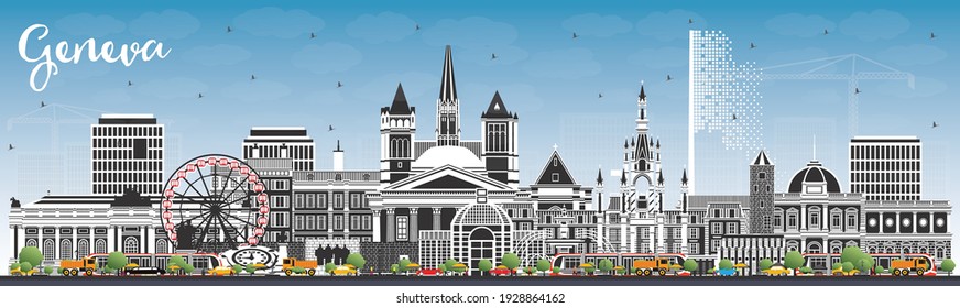 Geneva Switzerland City Skyline with Color Buildings and Blue Sky. Vector Illustration. Geneva Cityscape with Landmarks. Business Travel and Tourism Concept with Historic Architecture.