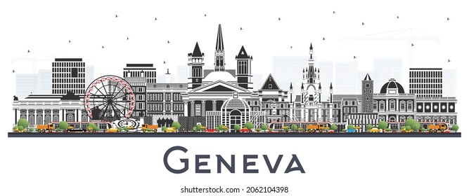 Geneva Switzerland City Skyline with Color Buildings Isolated on White. Vector Illustration. Geneva Cityscape with Landmarks. Business Travel and Tourism Concept with Historic Architecture.