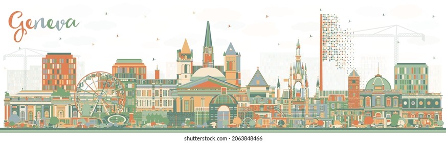 Geneva Switzerland City Skyline with Color Buildings. Vector Illustration. Geneva Cityscape with Landmarks. Business Travel and Tourism Concept with Historic Architecture.