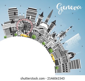 Geneva Switzerland City Skyline with Color Buildings, Blue Sky and Copy Space. Vector Illustration. Geneva Cityscape with Landmarks. Travel and Tourism Concept with Historic Architecture.