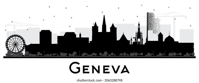 Geneva Switzerland City Skyline Silhouette with Black Buildings Isolated on White. Vector Illustration. Geneva Cityscape with Landmarks. Travel and Tourism Concept with Historic Architecture.