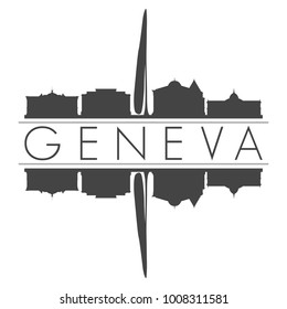 Geneva Switzerland Europe Skyline Vector Art Mirror Silhouette Emblematic Buildings