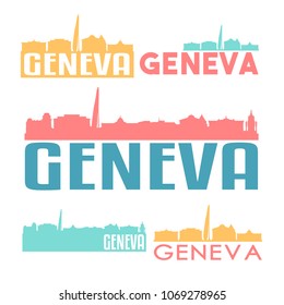 Geneva Switzerland Flat Icon Skyline Vector Silhouette Design Set Logos.