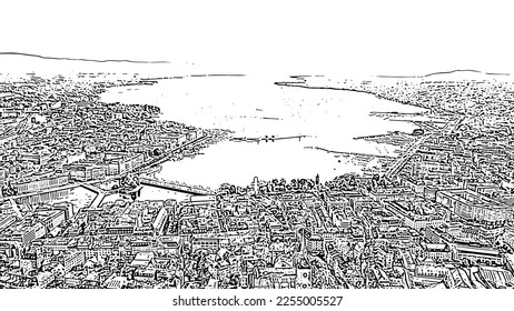 Geneva, Switzerland. Flight over the central part of the city. Lake Geneva. Doodle sketch style. Aerial view