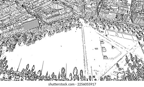 Geneva, Switzerland. Flight over the central part of the city. Plen de Plenpale Square. Doodle sketch style. Aerial view